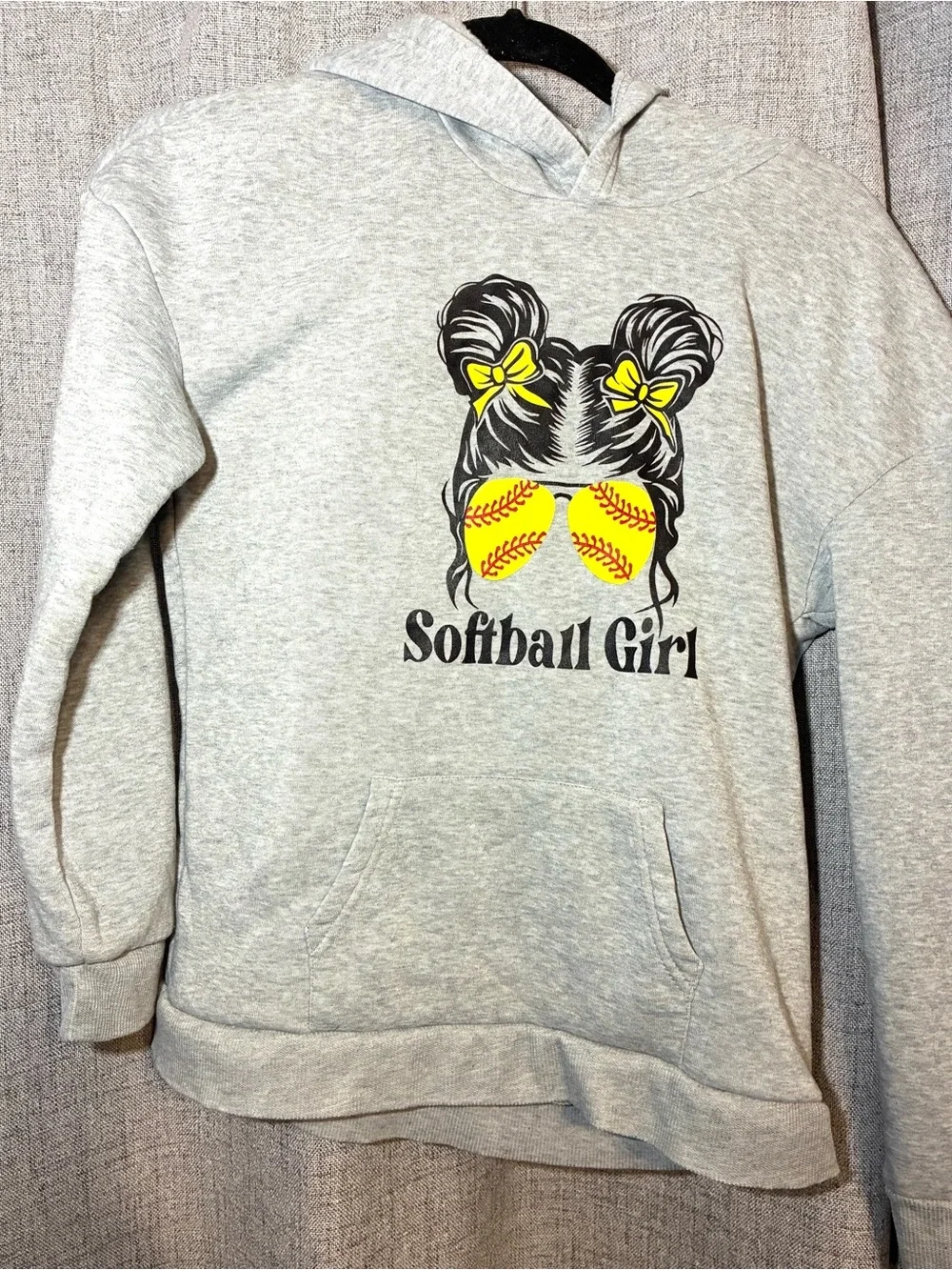 GREAT CONDITION Softball Girl Heather Gray Hoodie with Yellow Graphic